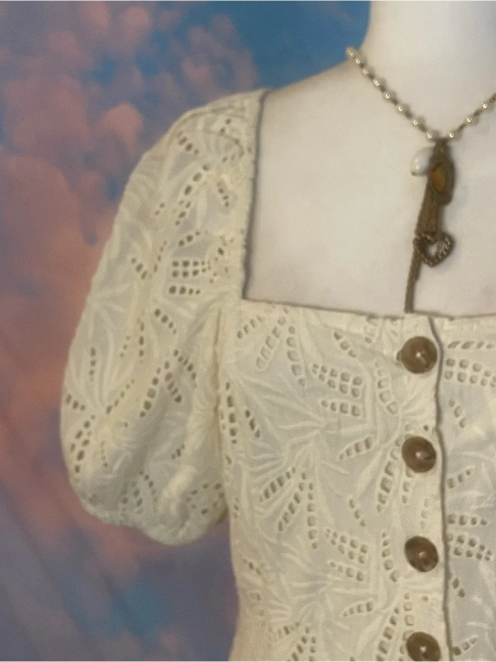 Darling Free People Cream Eyelet Puff Sleeve/ Button-Front Mini Dress